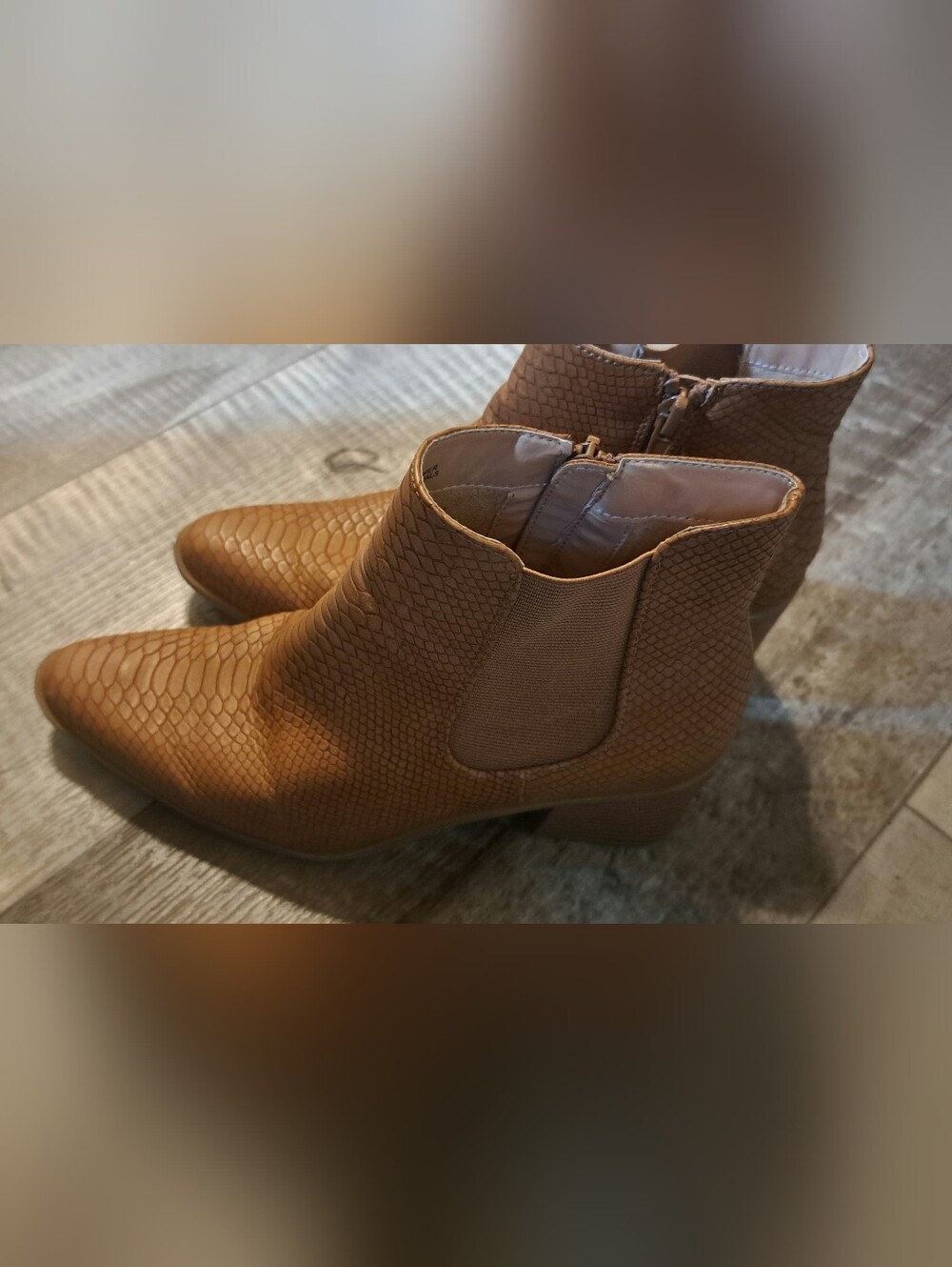 The Limited Kiki Tan Faux Snakeskin Ankle Boots Block Heel Pointed Toe Booties 6